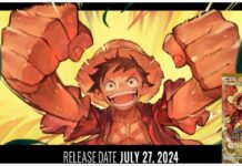 Everything Expected Of The Upcoming One Piece TCG The Best, PBR-01! Feature image for our One Piece TCG PBR 01 showing Luffy with his fists clenched and extended toward the viewer in a victory pose as he smiles wide