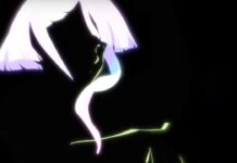 Guilty Gear Strive x Cyberpunk Edgerunners With Lucy Release Next Year screenshot from the announcement trailer for the guilty gear strive lucy news, with a silhouette of her hair, the side of her face and her shoulder