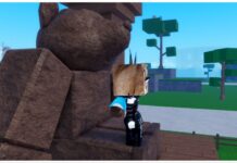 Meme Sea Best Race Guide feature image for our meme sea best race guide showing a character facing off to the side stood on a wooden dog statue sat down. On the players back is a visible blue fin
