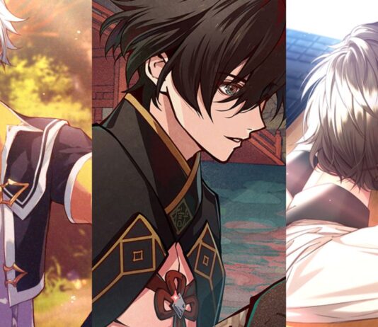 3 Otome Games That Need An Anime Adaptation a collage feature image for our otome games that need an anime adaptation article, on the left is zafora from radiant tale looking to the side, the middle image is goemon from the side as he smiles slightly, and the image on the right is kohei laying his head on his arms at his desk with a keyboard close to him as he smiles sleepily