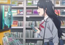Do You Need To Play The Game Before Watching The Project Sekai Movie? a screenshot from the project sekai movie trailer which features ichika from the game standing in a music shop whilst looking surprised as she stares at a small version of hatsune miku coming out of the screen as ichika holds a CD in her hand by a promotional stand with hatsune miku products