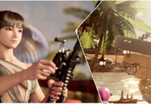 Is Stellar Blade Getting a Photo Mode After The Summer Update? promo image of eve sat down while fishing and smiling wearing a swimsuit for the stellar blade summer update, with an attached photo in the collage of a robot serving food and drinks in a tray on its head as it floats around by the water, with a crate of drinks on the ground and a pink flamingo float, with lanterns attached to the palm trees