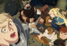 Top 5 Dishes In Dungeon Meshi That You Could Make In Real Life screenshot for our top 5 dishes in dungeon meshi feature, of laois, senshi, marcille, and chilchuck with laois in the forefront yelling with his hand to his face standing up, while the rest of them sit on the ground, with senshi looking surprised, marcille looking disgruntled and chilchuck looking confused