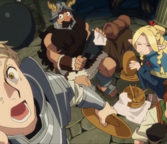 Top 5 Dishes In Dungeon Meshi That You Could Make In Real Life screenshot for our top 5 dishes in dungeon meshi feature, of laois, senshi, marcille, and chilchuck with laois in the forefront yelling with his hand to his face standing up, while the rest of them sit on the ground, with senshi looking surprised, marcille looking disgruntled and chilchuck looking confused