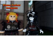 Weak Legacy 2 Breathing Tier List – Moon Breathing Update feature image for our weak legacy 2 breathing tier list showing a roblox avatar stood beside a rengoku npc who has flaming long hair of golden and red. The character beside him is pale white with a frown and black and red emo-esque attire