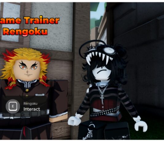 Weak Legacy 2 Breathing Tier List – Moon Breathing Update feature image for our weak legacy 2 breathing tier list showing a roblox avatar stood beside a rengoku npc who has flaming long hair of golden and red. The character beside him is pale white with a frown and black and red emo-esque attire