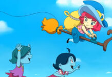 Kikis Delivery Service Becomes A Cosy Game In Mika And The Witch’s Mountain Feature image for our Mika and The Witch's Mountain news piece. Image shows a girl flying on a broom with two girls cheering.