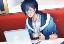 Uncover Secrets And Find Romance In New Nusantara Bermuda Triangle Otome Feature image for our Nusantara Bermuda Triangle news piece. Image shows a male character with blue hair and a mask sitting at a desk with a laptop and drink.