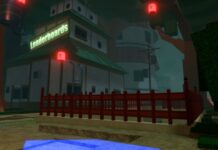 Anime Card Battle Best Cards – Rarity And Abilities Included anime card battle best cards feature image.The leaderboard building is to the left as the player stands by a red fence in the middle of the street, with green bushes to the right of it and various red lanterns attached to the branches.