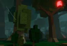 Anime Card Battles Manga Biome Guide anime card battle manga biome feature image. A screenshot of smaller trees alongside taller ones as the rest of the forest in the distance appears as silhouettes in the dog, there is a red lantern attached to the tallest tree to the right.