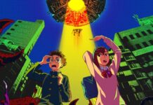 Which Participating Cinemas Are Screening The Dandadan: First Encounter Event? part of the poster for the dandadan first encounter cinema event, with ken and momo walking away from a UFO in the sky that's beaming up a cow in the city, there is a giant crab to the left with it's claw wide open as ken screams and holds his glasses while momo holds her bag behind her back and points at the crab