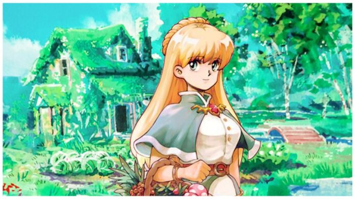 Feature image for our Fields of Mistria Early Access news piece which shows a blonde woman holding a basket stood at a 3/4 angle looking sideways to the viewer. Behind her is a lush overgrow in tones of green which absorbs a building