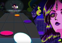 Keylocker, A Rhythm Game Set In A World Where Music is Banned, Releases Next Month a collage with two screenshots from the Keylocker trailer. The left image is the guitar hero-inspired mini game, with the main characters on stage in pixel form with their instruments. The image on the right is a piece of pixel art of the main character, who has a gem on her forehead, and is holding a lit match, her colour scheme is purple, green, and pink.