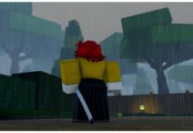 Onikami Nichirin Blade Guide – How To Get Your Katana! Feature image for our Onikami Nichirin Blade Guide showing the back of a player who wears a yellow shirt tucked into black pants. She has a katana rested on the left of her waist as she stands in the rain