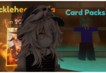 Anime Card Battle Packs Guide Feature image for our Anime Card Battle packs guide which shows a close-up of my avatar who is standing facing away from the camera and car packs npc behind her