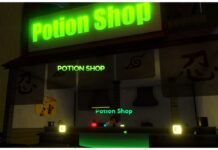 Anime Card Battle Potions Guide Feature image for our anime card battle potions guide showing the potion shop in-game at night which has an npc leaning on the counter and a green glowing neon sign at the top