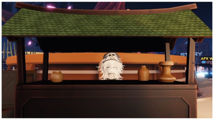 Feature image for our Anime Royale friend guide showing my avatar stood behind a small market stall looking towards the camera in the main lobby at night time