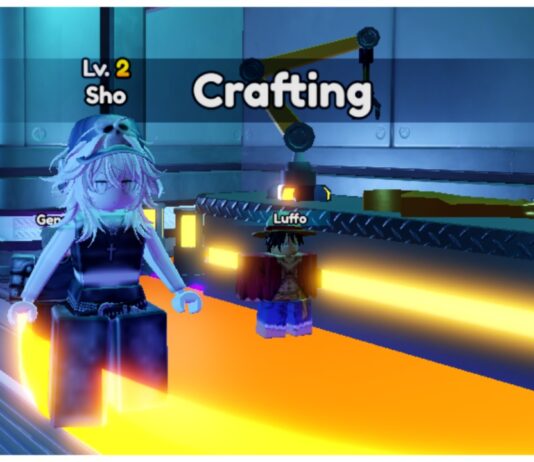 Anime Vanguards Essences Guide Feature image for our Anime Vanguards essences guide showing my avatar who is a pale white with a confused expression standing at the crafting workshop within the game