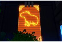 Anime Vanguards Meta Units Guide – The BEST Team Build! Feature image for our Anime Vanguards Meta unit guide showing an LED capybara in orange against a long panel stretching up a building at night time