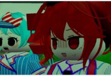 Anime Vanguards Mounts – How To Unlock Them All! Feature image for our Anime Vanguards mounts guide showing a close-up shot of two players cosplaying the mesmerizer miku and teto inside the game lobby