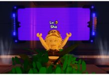 Anime Vanguards Mythic Tier List Feature image for our Anime Vanguards Mythics Tier list showing my avatar stood amongst green leaves plants with her arms raised in joy with a strange purple LED border behind her