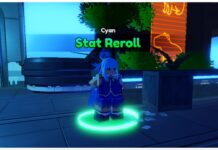 Anime Vanguards Stat Rerolls Guide – How To Get More Stat Chips! Feature image for our Anime Vanguards Stat Reroll guide showing the cyan npc who has a green textbox above her head reading "stat reroll" she is stood near an orange led screen with a capybara outline