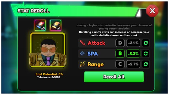 Feature image for our anime vanguards stats guide showing the stat page with a legendary unit input into the grading system showing his current stat potential