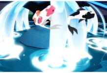 Anime Vanguards Tier List – Release Rankings! Feature image for our Anime Vanguards tier list showing a waterfall with png's of various koi fish leaping in and out of the running blue water