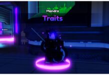 Anime Vanguards Traits Guide – The BEST Traits For Your Units! Feature image for our Anime Vanguards traits guide showing the traits npc Mandra at nighttime with a purple radius circle around him