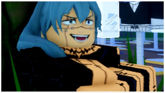 Feature image for our how to unlock cursed techniques in roblox sorcery guide showing a mahito npc in the chunky roblox style with his arms folded and a devious smie on his face