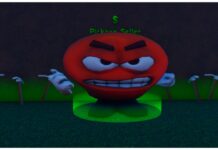 Ijul Piece 2 Mining Guide – Getting Specs and Fruit! Feature image showing a red circular man with an angdy expression showing teeth with a clenched fist during night time. He is stood in front of a row of pickaxes