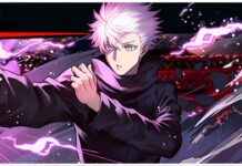 Jujutsu Awakening Codes Guide – All Active Rewards! Feature image for our Jujutsu Awakening codes guide showing satoru gojo without his mask about to send off a hollow purple attack with one hand. His hair is being pushed back from the intensity of his attack which coats the canvas in a bright purple aura
