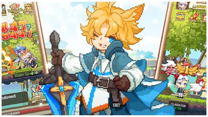 Feature image for our Maple Tale codes guide showing a pixel art styled blonde character with cat ears in blue and white armour winking towards the camera.