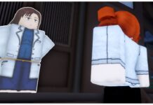 Roblox Sorcery Limb Dismemberment Guide – How To Restore! Feature image for our Roblox Sorcery Limb Dismemberment guide showing the back of my avatar who has red coiled twin pig-tails as she looks towards the shoko npc who is in a lab coat stood outside of a brown door