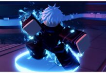 Anime Vanguards Cursed Finger – Obtainment and Uses! Feature image for our anime vanguards cursed finger guide showing an up-close of the new gojo store npc who is in an action pose with blue aura surrounding him