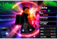 Anime Vanguards Elements – New Unit Buff! Feature image for our anime vanguards elements guide showing the preview of an obito unit which shows his stats and element. He has a swirling pink aura behind him from his applied trait.