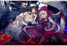 Lord of Nazarick Reroll Guide Feature image for our lord of nazarick reroll guide showing two characters leaning into one another with a smile inside a rose garden at night time