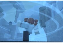 Roblox Sorcery Mimicry Guide – Unlocking The Secret Skill! feature image for our roblox sorcery mimicry guide showing the back of my avatar as she performs a kick into the air in a rather blue and tranquil area. Around her foot is bursts of air from the fast attack