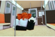 Roblox Sorcery NPC Locations – Where To Find Mahito! Feature image for our sorcery npc locations guide showing my avatar sitting on a train with beige interior. She has a hand on her knee and head bobbed down a little. Her hair is in red twin-tails that coil to look like drills.