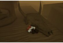 Roblox Sorcery Weapons Tier List Feature image for our roblox sorcery weapons tier list showing my avatar lay on the floor in the brown sandy dunes next to a larde horned skull