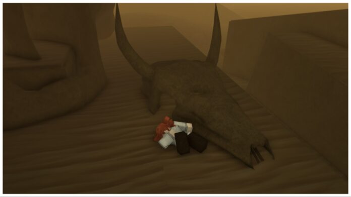 Feature image for our roblox sorcery weapons tier list showing my avatar lay on the floor in the brown sandy dunes next to a larde horned skull