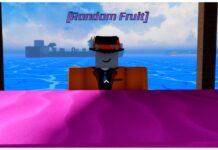 Verse Piece Fruits Guide – Moves, Rarity and Obtainment! Feature image for our verse piece fruits guide showing the fruit merchant behind his pink stall with the open sea behind him on a clear blue sky day