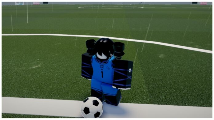 Feature image for our vision flow guide showing a player in a blue kit with the ball dribbling it across a rainy field