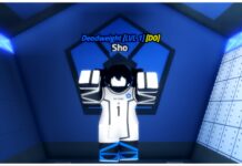 Vision Flow Tier List Feature image for our vision flow tier list showing a player in a white footy uniform leaping with their arms in the air in a blue room with the game logo on the wall behind them
