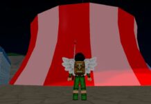 King Legacy Haki V2 Guide – Busoshoku, Kenbunshoku, and Haoshoku Haki Feature image for our King Legacy Haki V2 guide. Image shows a character looking at a red and white striped tent.
