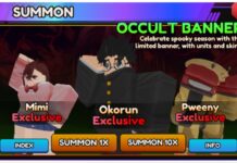 Anime Vanguards Okorun – Obtainment, Evolution and Stats! Feature image for our anime vanguards okorun guide showing the in-game banner with okorun in the centre with his arm raised to fix his glasses