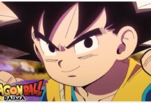 After 15 Years, Stephanie Nadolny Returns As The Voice Behind Dubbed Kid Goku In Dragon Ball Daima! Feature image for our dragon ball daima news showing kid goku with the title logo in the bottom left. Goku has a determined smile on his face in the close-up show of his face