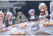 Haze Reverb Reroll Guide – How To Perform and If You Should! Feature image for our haze reverb reroll guide showing a pov table with 6 characters facing towards the camera implied the viewer is sat around the white circular meeting with a small spread of food on the table