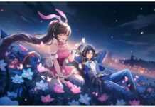 Soul Land New World Tier List feature image for our soul land new world tie rlist showing two characters resting in a field of blue and pink flowers at night time with a subtle glow in the horizon leading towards a small village