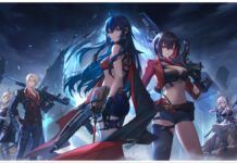 Strinova Tier List feature image for our strinova tier list showing numerous characters from the game standing against a dark blue night background with a faint gloe coming from the centre highlighting the forefront two characters who are holding guns in different poses and looking intensely at the viewer